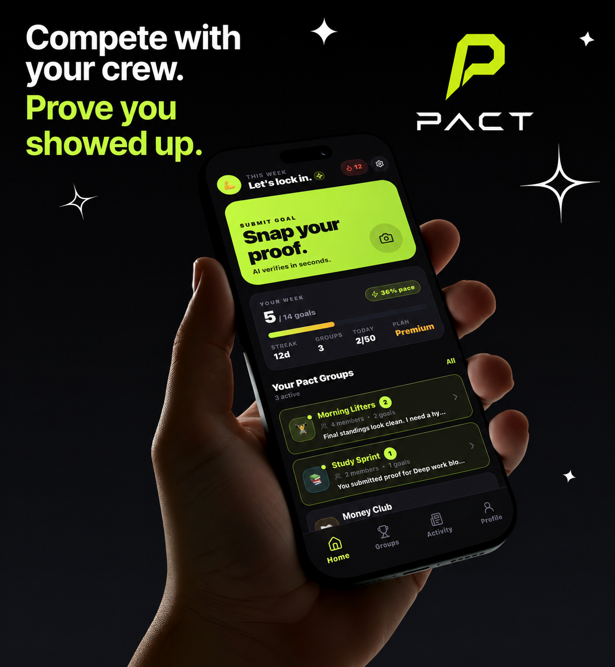 Pact app screenshots showing goals, proof, and app preview